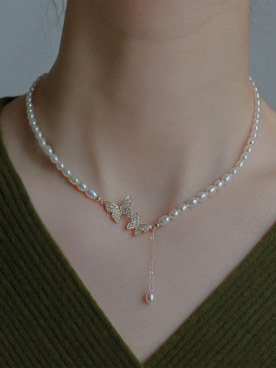 1 件女式镀金水滴和水钻和人造珍珠蝴蝶吊坠项链，适合日常佩戴，情人节礼物情人节、妈妈、母亲、母亲节、礼物 - 彩色 - 查看 1