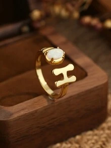 1pc Pure Silver Ring With Australian Gemstone & Adjustable Open Design With 26 Letters, Fashionable Accessory - H - View 5