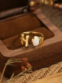 1pc Pure Silver Ring With Australian Gemstone & Adjustable Open Design With 26 Letters, Fashionable Accessory - H - View 3