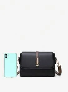 復古簡約色塊翻蓋單肩包,帶多層斜挎帶和金屬裝飾女式 - 黑色 - 查看 5