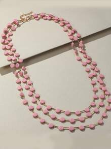 1pc Fashionable Multilayered Colorful Resin Beads Chain Necklace For Women, Long Chain, Gift - Pink - View 3