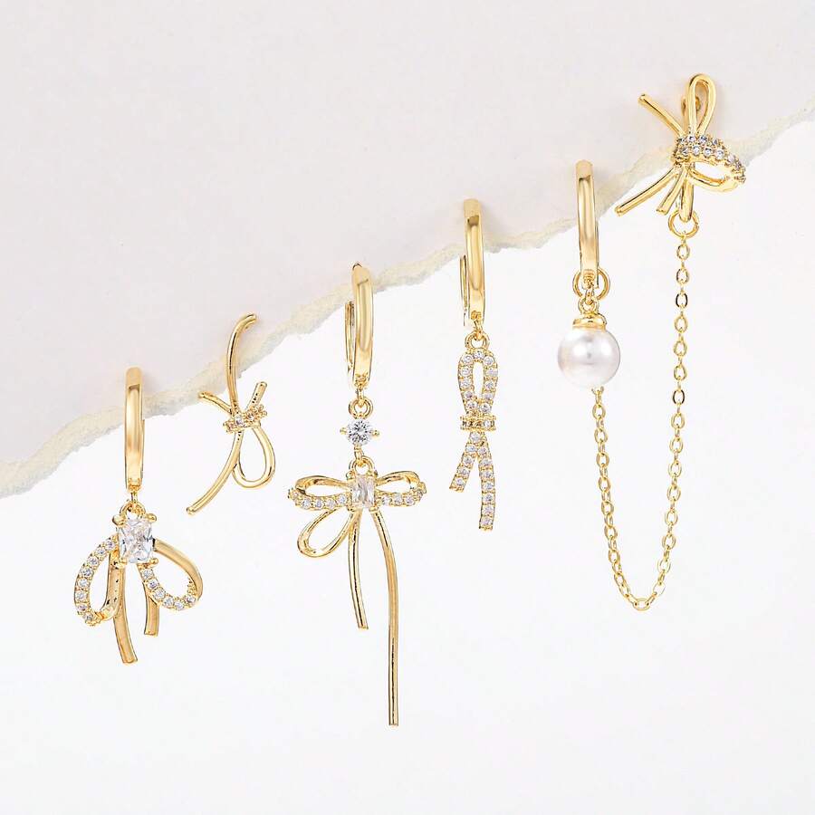 1套時尚18k鍍金黃銅珠寶可愛女孩禮物耳環,蝴蝶結金色環形耳環 - 蝴蝶型 - 查看 1