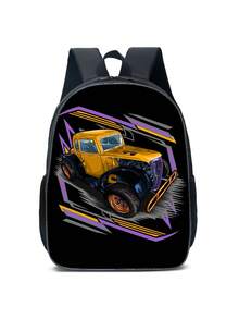 1入組男女時尚款聚酯纖維學校背包,字母印花,拉鍊閉合式,適用於四季 - 黑色 - 查看 4