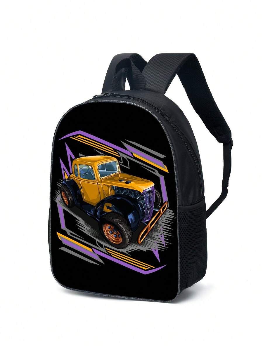 1入組男女時尚款聚酯纖維學校背包,字母印花,拉鍊閉合式,適用於四季 - 黑色 - 查看 1