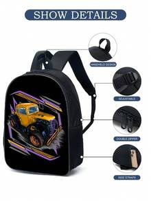 1入組男女時尚款聚酯纖維學校背包,字母印花,拉鍊閉合式,適用於四季 - 黑色 - 查看 6