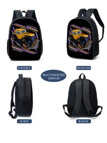 1入組男女時尚款聚酯纖維學校背包,字母印花,拉鍊閉合式,適用於四季 - 黑色 - 查看 5