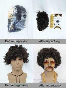 1個假髮帽+1條項鍊+1付太陽眼鏡+1個假鬍子+仿真頭髮短暗啡色鬈髮cosplay男士假髮,適用於化妝舞會萬聖節服裝派對道具,無膠熱阻纖維頭髮高密度自然造型10英寸假髮通用男女款afro髮型短卷髮70年代80年代迪斯可搖滾鬃毛假髮,適用於男女嬉皮萬聖節服裝假髮 - Dark Brown - 查看 6