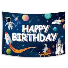 1面快樂生日宇航員主題聚酯纖維矩形掛旗牆掛掛毯,用於兒童生日派對裝飾（不帶掛夾）