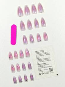 Improve Your Look With 24pcs Short, Almond-Shaped, Fashionable & Elegant French Style Silver Bar, Heart & Rhinestone Decor Gradient Pink False Nails For Parties, Dancing, Dating And Daily Wear Press On Nails Nail Supplies