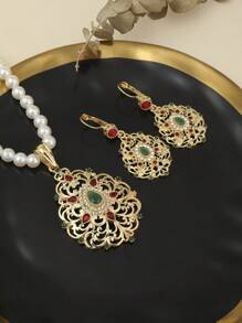 1 Set Fashion French Romantic Elegant Hollow Earrings, Rhinestone Pendant Necklace & Pearl Jewelry Set, Middle East Saudi Arabia Hot-Selling 2pcs Wedding Festival Gift Set For Women - Green - View 7