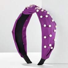 1pc Corduroy Solid Color Macaron & Y2k Style Pearl Headband - Hot Pink - View 10