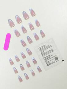 24入組閃亮法式杏仁形適中長度假指甲，附有膠貼鋼片，美甲套裝貼片指甲，美甲用品 - 彩色 - 查看 2