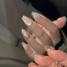 GIRL PLUS GIRLPLUS手工製作10入組假指甲，銀色金屬貓眼細閃光甲油設計，時尚美甲套裝，適用於女性和女孩的日常穿著，膠甲補給品 - 銀色 - 查看 14