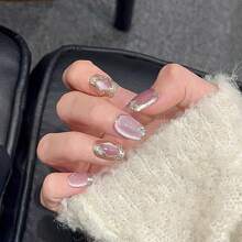 GIRL PLUS GIRLPLUS 10入組手工假指甲，淺紫色金屬貓眼細閃粉紋指甲設計，時尚指甲套裝適合女性和女孩們日常穿著，壓克力透明按壓式假指甲指甲用品 - 紫色 - 查看 24