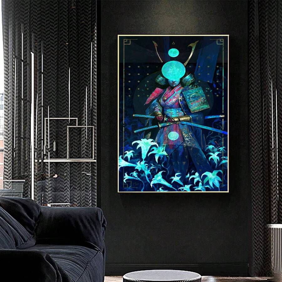 1入組帶有酷炫武士劍設計的布印畫海報,日式藝術,適用於辦公室、工作室、宿舍、客廳、臥室、床邊沙發背景裝飾、門廳櫥櫃、桌面裝飾、地面裝飾、完美的禮物、秋季裝飾、家居裝飾、掛畫替換芯片、無框設計、pvc硬管安全包裝 - 彩色 - 查看 1