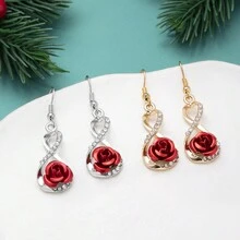 1pair Fashionable 8-Shaped Twist Heart-Shaped Earrings With Roses, Rhinestones And Ribbed Patterns, Suitable For Mother'S Day Gifts And Accessories - Gold - View 1