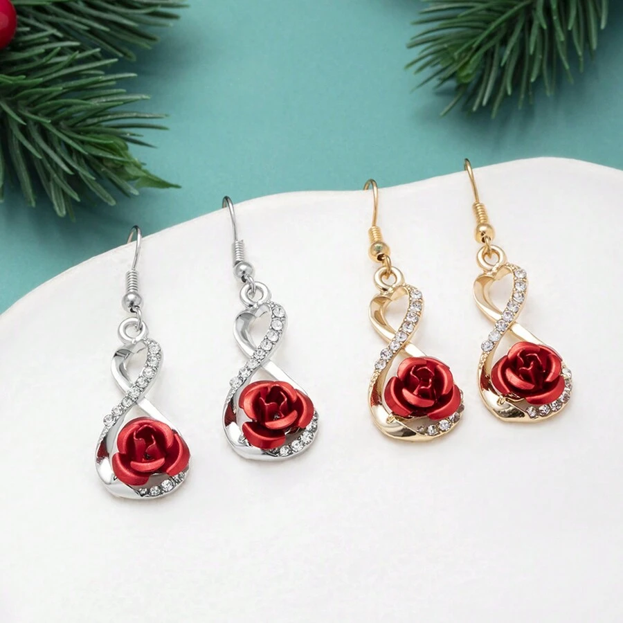 1pair Fashionable 8-Shaped Twist Heart-Shaped Earrings With Roses, Rhinestones And Ribbed Patterns, Suitable For Mother'S Day Gifts And Accessories - Gold - View 1