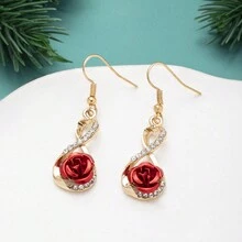 1pair Fashionable 8-Shaped Twist Heart-Shaped Earrings With Roses, Rhinestones And Ribbed Patterns, Suitable For Mother'S Day Gifts And Accessories - Gold - View 3