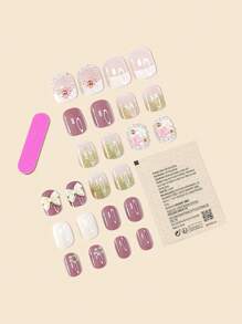 使用24入組3D蝴蝶結裝飾淺粉色方形全覆蓋式假指甲套裝升級你的造型，按壓式假指甲，指甲用品 - 彩色 - 查看 2