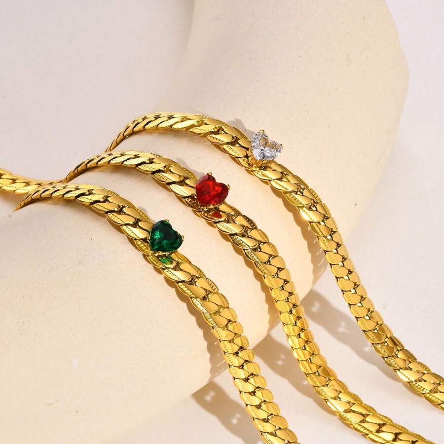 1入18k鍍金不銹鋼綠色立方鋯鑲嵌心形項鍊,適用於女性的日常裝扮和禮物 - 綠松石色 - 查看 1