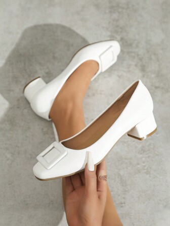 Sapatos de Trabalho com Salto Grosso Confortável de Sola Macia, Bico , Cano Baixo para Mulheres, Cor Sólida, Salto Alto