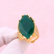 1pc Luxury Couple Ring With Open Design, Adjustable Size And Copper Gold Plating Embedded With Cubic Zirconia. Olive Shaped Cubic Zirconia Bridal Ring - Green - View 7