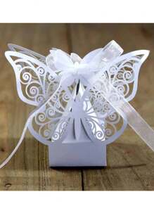 25 件婚禮糖果盒情侶設計豪華派對婚禮禮物緞帶糖果盒禮物盒餐桌裝飾（白色） - 米色 - 查看 1