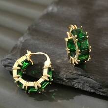 1pair Women's Minimalist Fashion Earrings, Green Glass Circle Ear Clip, Unique Design Daily Ear Accessory, Festival Gift Birthday Present