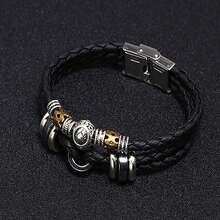 1條復古風格黃道十二宮星座手鏈,不鏽鋼扣,手工皮革編織裝飾,男女通用,情侶手鏈,個性化黑曜石學生配件 - 黑色 - 查看 5