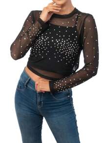 Blusa Negra Transparente Manga Larga Playera Dama - Negro - Ver 1