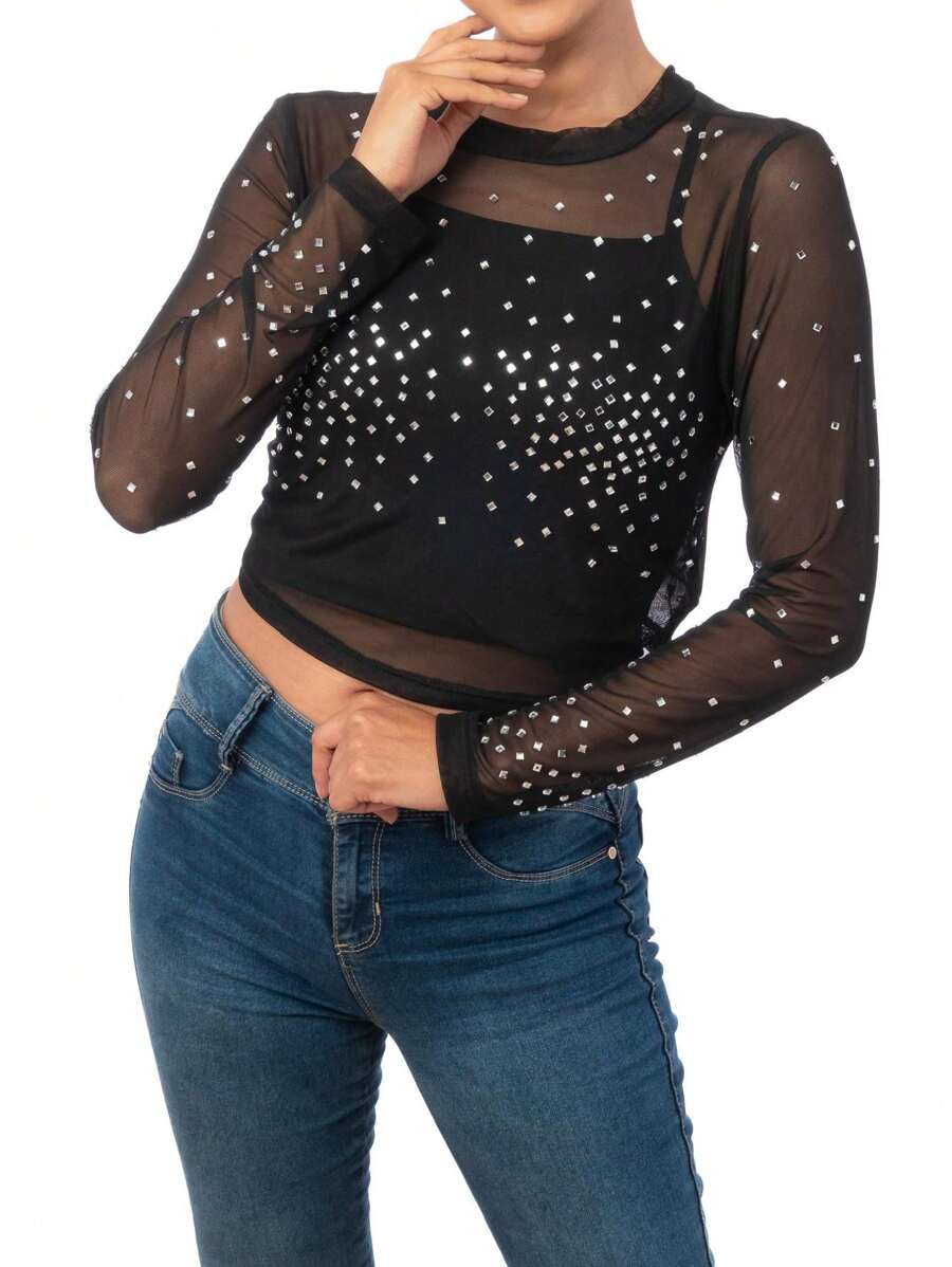 Blusa Negra Transparente Manga Larga Playera Dama - Negro - Ver 1