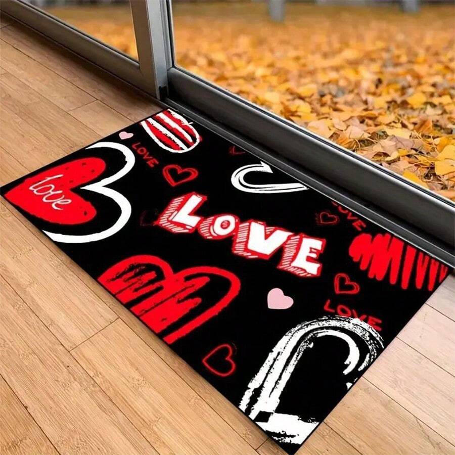 1pc Modern Crystal Velvet Living Room Sofa Coffee Table Rug, Bedroom Cloakroom Decorative Carpet, Water-Absorbing Non-Slip Rug(Random Color) - Romantic Love Elements - View 1