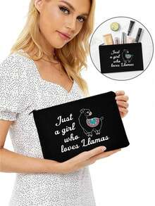 羊驢卡通圖案手拿包,化妝包,拉鍊化妝包,多功能收納袋 - 黑色 - 查看 5