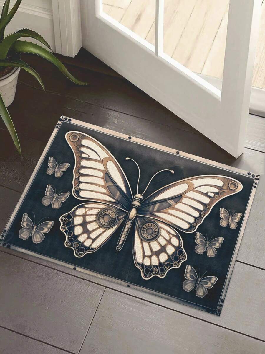 1pc Butterfly Printed Door Mat, Modern & Stylish Polyester Fiber Rectangle Door Mat Suitable For Living Room Home Use - Grey - View 1