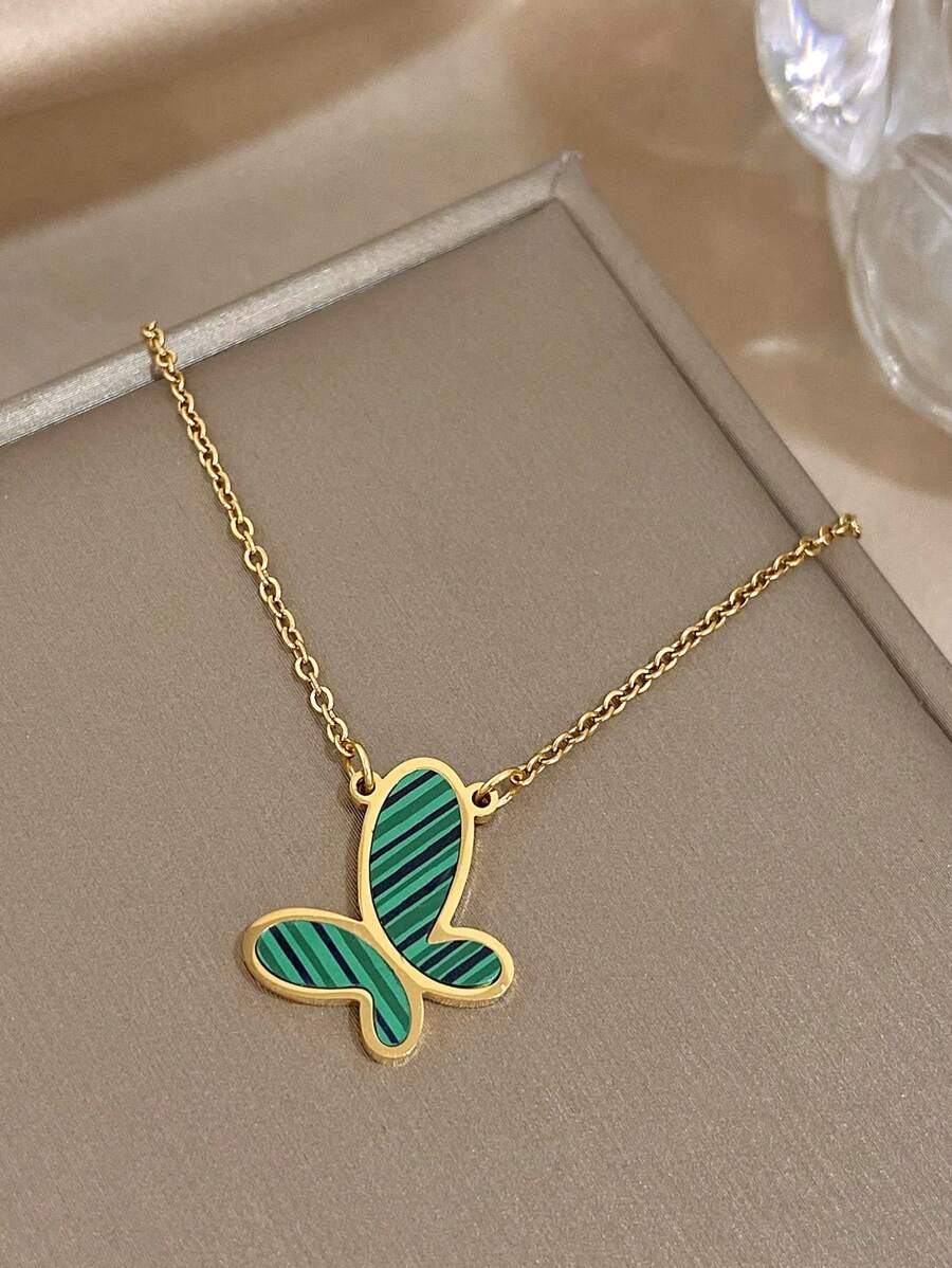 1條時尚的綠色蝴蝶女士項鍊,優雅的金色不銹鋼鍊,日常首飾禮物,情人節母親節