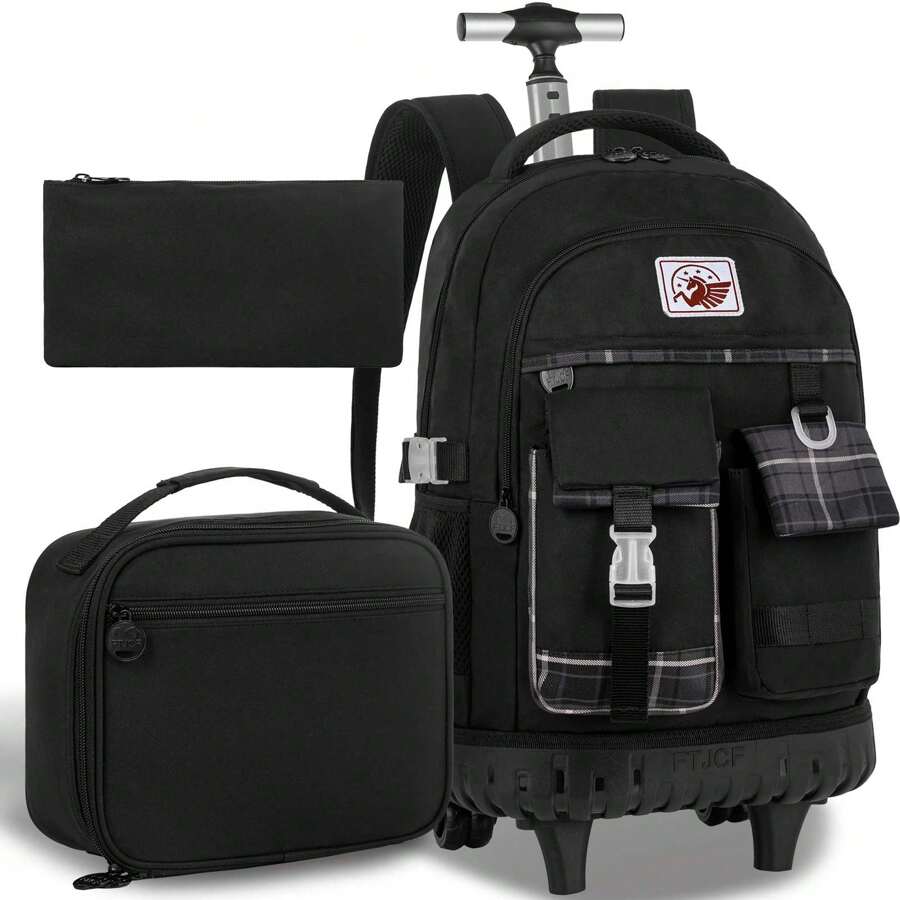 Rolling Backpack For Girls, 20" Women Roller Wheels Bookbag, Laptop Wheeled Suitcase School Backpacks With Lunch Bag For Teens - màu đen - Xem 1