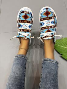 Của phụ nữ Xanh Hình học In Giày phẳng , 2024 Mới Mùa Xuân Và Mùa thu Phong cách , Giày lười , Chống trượt , Đúng mốt Và Đơn giản giản dị Giày dép Đối với Sinh viên In Lớn Kích thước - Màu xanh lam - Xem 5