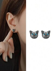 1 đôi Của Tối giản Và Nhà thiết kế Duy nhất Và Linh hoạt Thú vật Mèo Xanh Kim cương S925 Màu bạc Tai Trụ Nữ Quà sinh nhật - màu đen - Xem 1