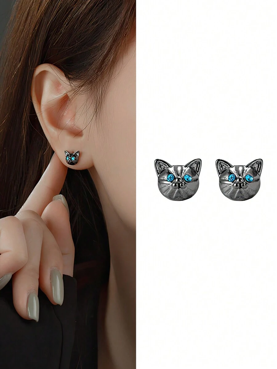 1 đôi Của Tối giản Và Nhà thiết kế Duy nhất Và Linh hoạt Thú vật Mèo Xanh Kim cương S925 Màu bạc Tai Trụ Nữ Quà sinh nhật - màu đen - Xem 1