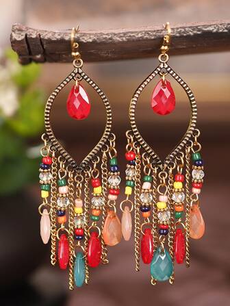 Bohemian Style Water Drop Shaped Bead Earrings With Tassel Fringes For Women To Show Their Personalized