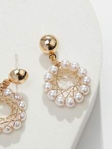 1對人造珍珠巢型設計耳環 - 白色 - 查看 4