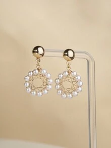 1對人造珍珠巢型設計耳環 - 白色 - 查看 6