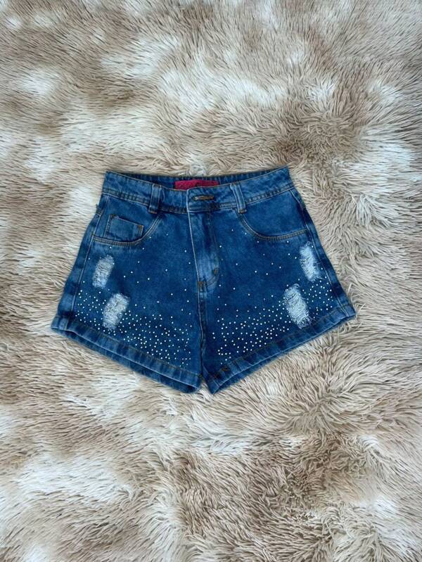 Shorts jeans Feminino Lavagem Media Com Stars