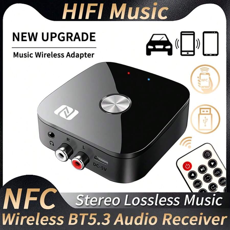 Nfc無線音頻接收器bt5.3適配器3.5mm Aux R/l Rca立體聲無損hifi音樂,配有遙控器,支援usb U盤播放車套揚聲器放大器（內置200mah電池） - 黑色 - 查看 1
