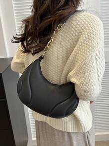 1pc Mini Crescent Handbag, Solid Color Acrylic Chain Decor, PU Material, Portable Elegant Zipper Shoulder Bag, Suitable For Girls Travel And Daily Use - Black - View 3
