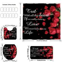 1入組卡通情人節主題淋浴簾,由聚酯纖維製成,並帶有12個掛鉤,防水聚酯纖維。另外還包括一個柔軟吸水防滑浴室墊,適用於家用 - 紅色 - 查看 2