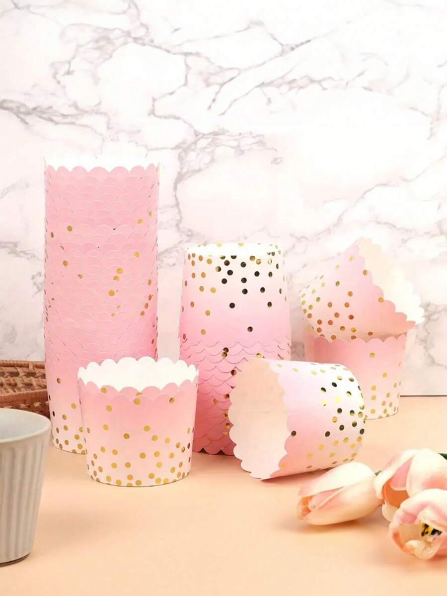 25pcs Pink Polka Dot Gold Foil Muffin Cup Liners, Wave Edge Cupcake Paper Liners For Baking At Home, Wedding - Pink - View 1