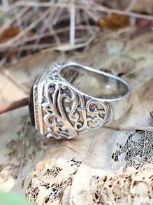 1pc Vintage Men'S Bohemian Jewelry Black Gemstone Ring, Luxurious Style Daily Accessory - Antique Silver - View 5