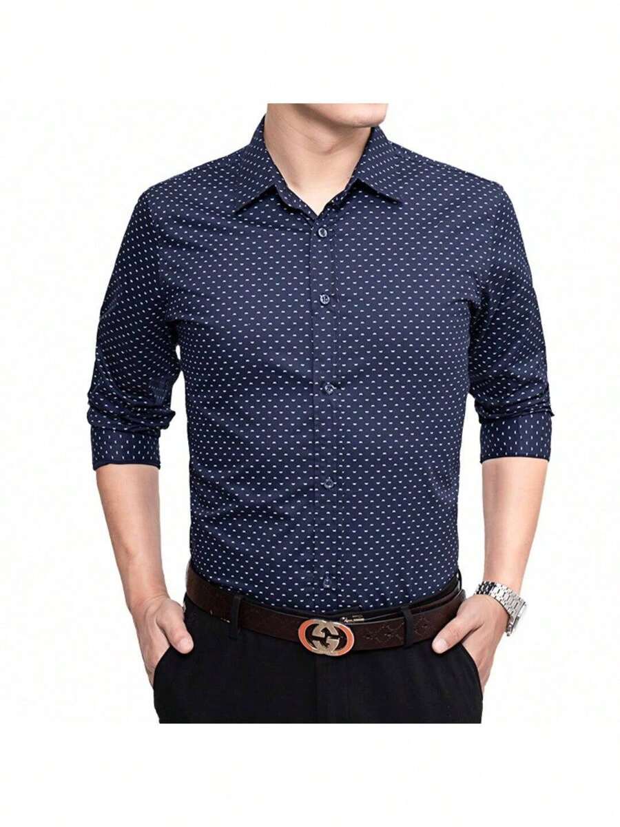 Camisa De Mangas Largas Para Hombre, Men's Lapel Polka Dot Long Sleeve Shirt Cotton Business Casual Shirt - Blue - View 1
