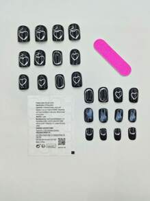 用24入組短方形黑色污跡金屬浮雕心形圖案假指甲和1入組指甲銼和1入組指甲膠帶改變您指甲 - 黑色 - 查看 2